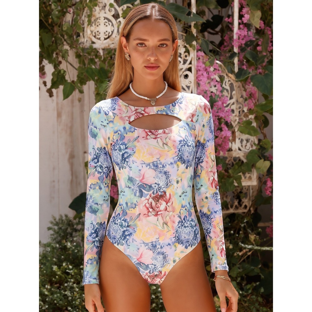 Rashguard One Piece Swimsuit Phax Floral Long Sleeve Womens Large Multicolor Zip